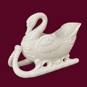 Vintage Ivory Ceramic Swan Sled Bowl: Christmas Decor